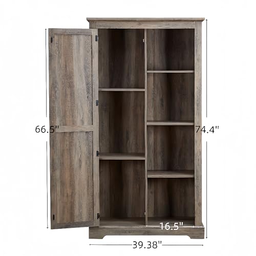 Rustic Farmhouse Tall Storage Cabinet Bookcase with Sliding Barn Door, Adjustable Shelf, Pantry Cupboard Kitchen Organizer Furniture Home Drawer Shelves