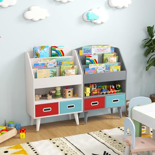 HONEY JOY Kids Bookshelf, Wooden Book Shelf for Kids Rooms with Toy Storage Organizer, Easy Reach Toddler Children Bookshelf with 2 Cube Bins, for Classroom, Playroom, Nursery, Kindergarten (White)