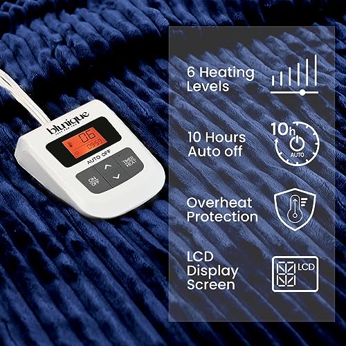 Heated Queen Blanket Striped Electric Blanket - Heating Blanket Queen with 6 Heat Levels & 10 Hours Auto-Off, Cozy Soft Fleece Blanket, Washable, Fast Heating, 84 x 90 Inches, Navy Blue
