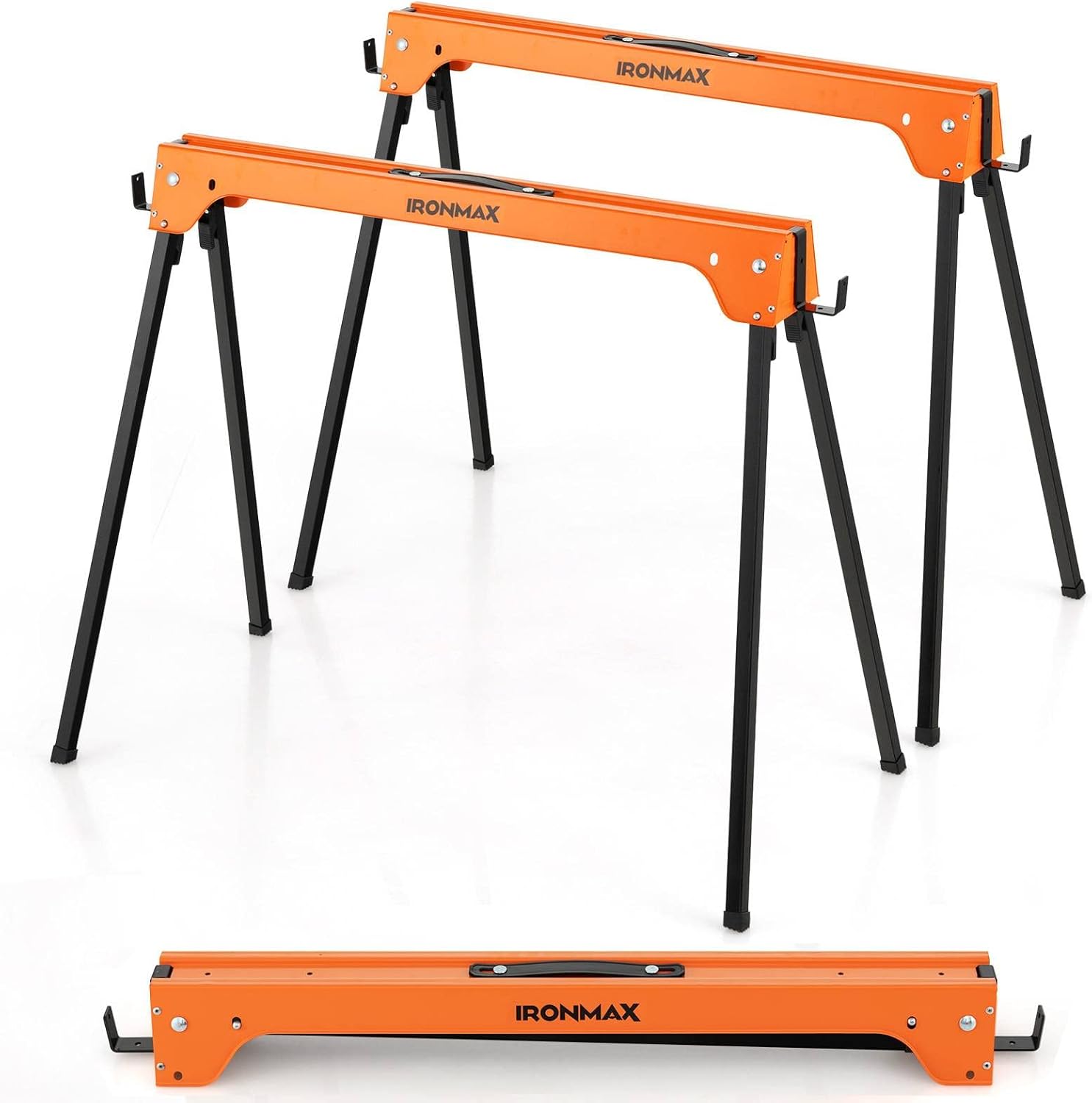 IRONMAX Saw Horses 2 Pack Folding, Heavy Duty Sawhorse 2644 LBS Capacity w/ 4 Detachable Hooks & 2x4 Fast Open Support Legs, Lightweight Sawhorses Bench Twin Pack for Woodworking