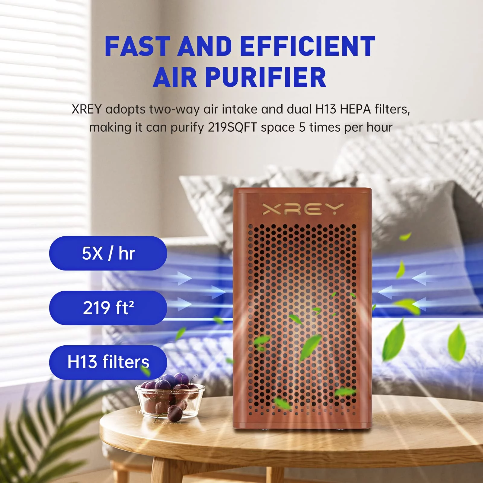 XREY Air Purifiers For Home Large Room Up to 1000 Sq Ft Coverage Wooden Air Purifiers For Bedroom, H13 True Hepa Filter Remove 99.97% of Pet Dander, Wildfire Smoke, Dust, Ultra-Quiet (Walnut)