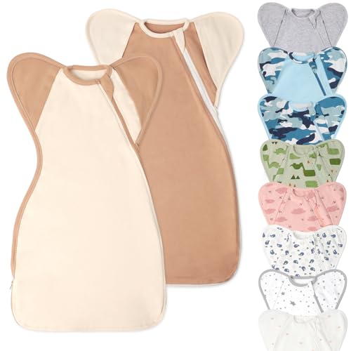 Swaddle Blanket Sleep Sack with Arms Up Design 2 Packs, Hands Up Sleeping Sack 3-Way Transitions to Arms-Free Wearable Sleeping Bag for Newborn Baby Boys Girls Snug Fit Calms Startle Reflex