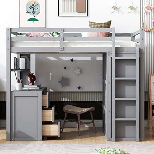 Harper & Bright Designs Full Size Loft Bed with Desk and Wardrobe, Solid Wood Loft Bed Frame with Storage Drawers, for Kids Teens Adults (White)
