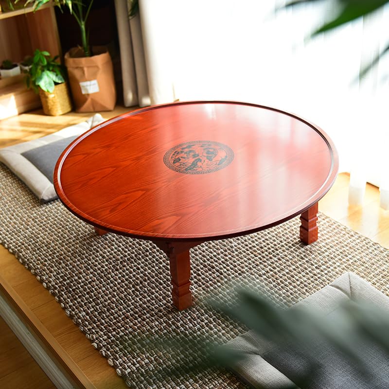 Round Korean Coffee Table Folding Leg Asia Antique Furniture Floor Table for Dinning Traditional Living Room Wood Table (60x60x26cm)