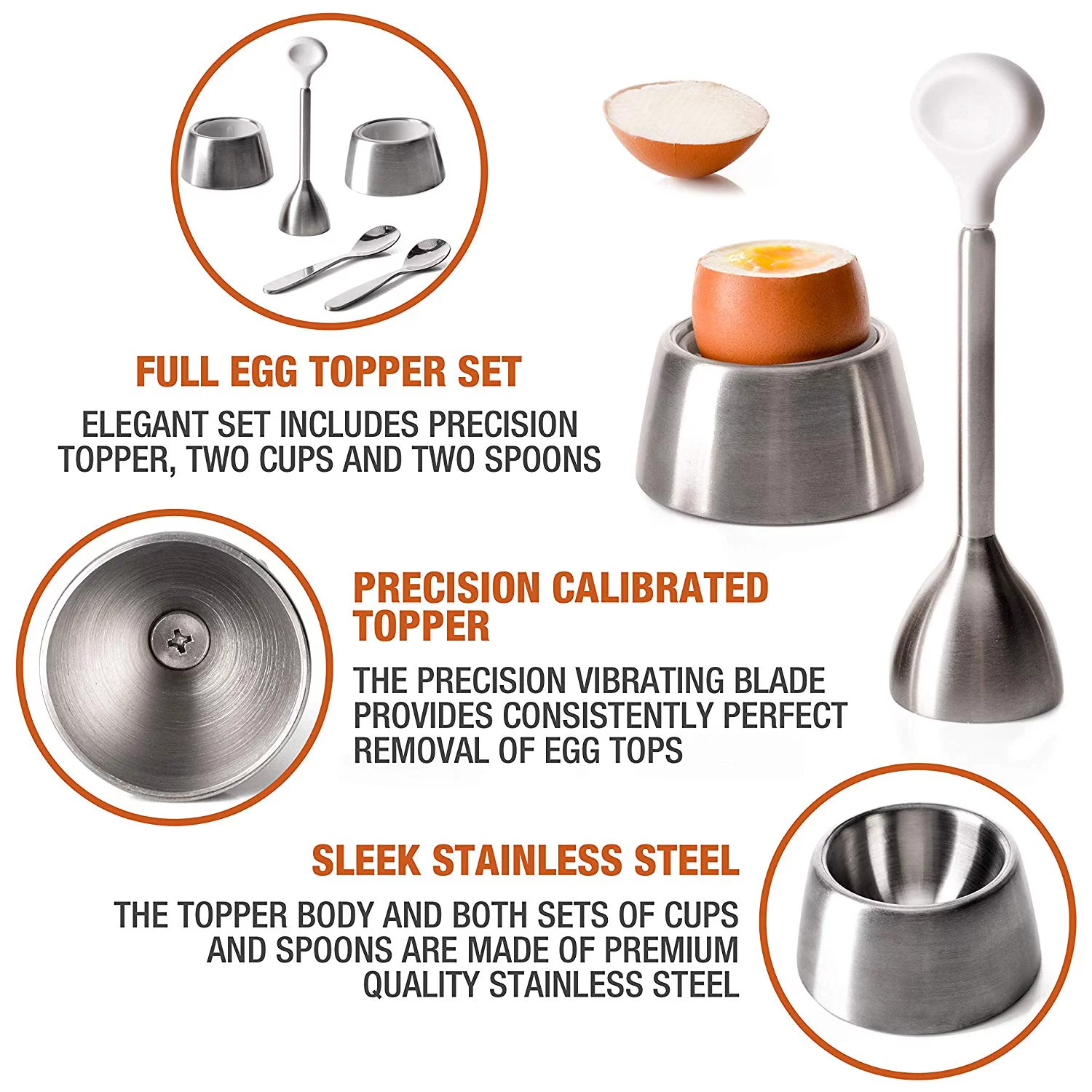 Epare Egg Cracker Topper Set 2.0 - Complete Soft Boiled Egg Tool Set - Includes Egg Cups, Cutter, Spoons - Eggs Opener