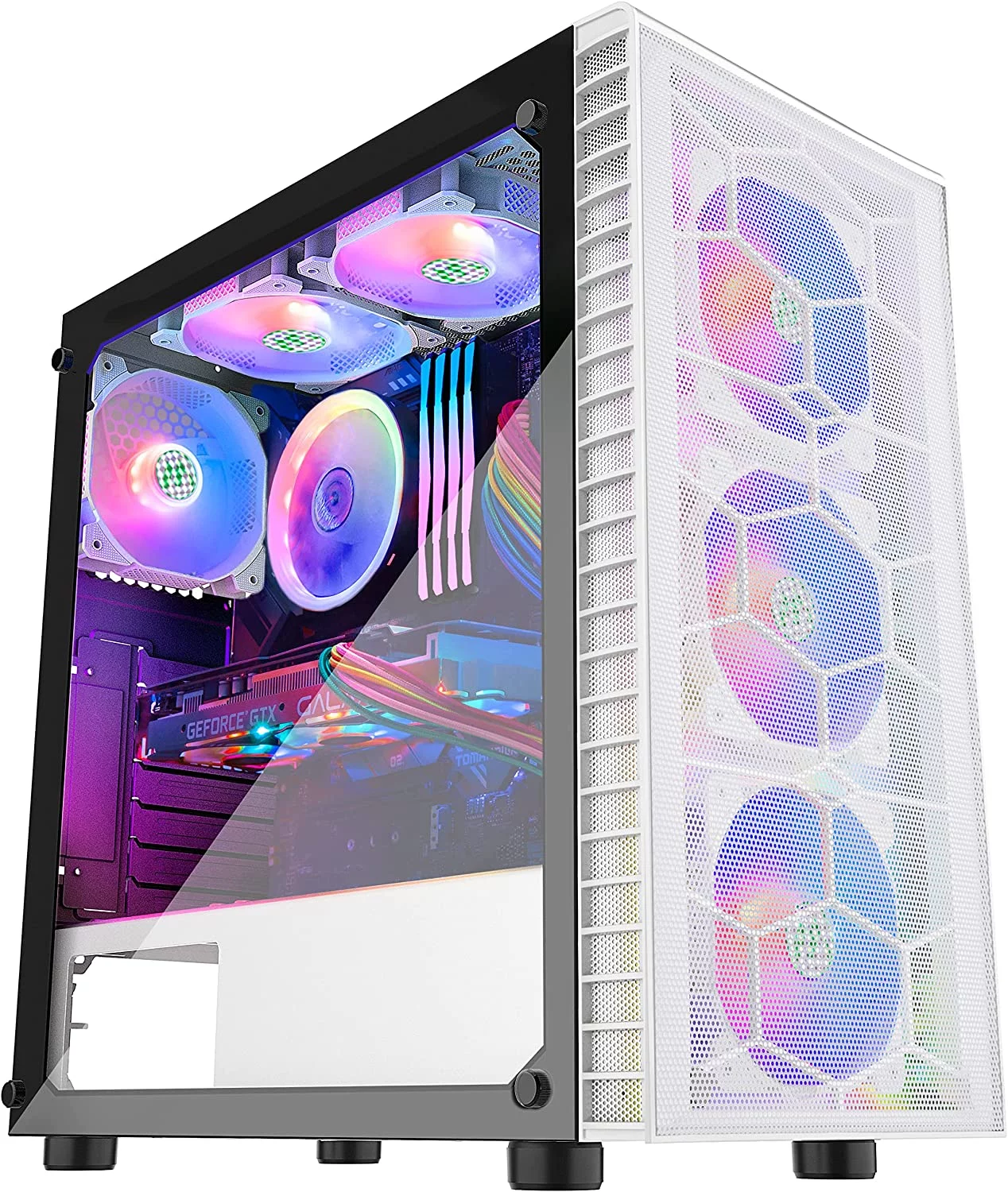 MUSETEX Mesh ATX PC Gaming Case with 6 PCS ARGB Fans USB 3.0 Port Mid-Tower Airflow Tempered Glass Computer Chassis for ATX / Micro-ATX / ITX, White (G05-N6-WW)