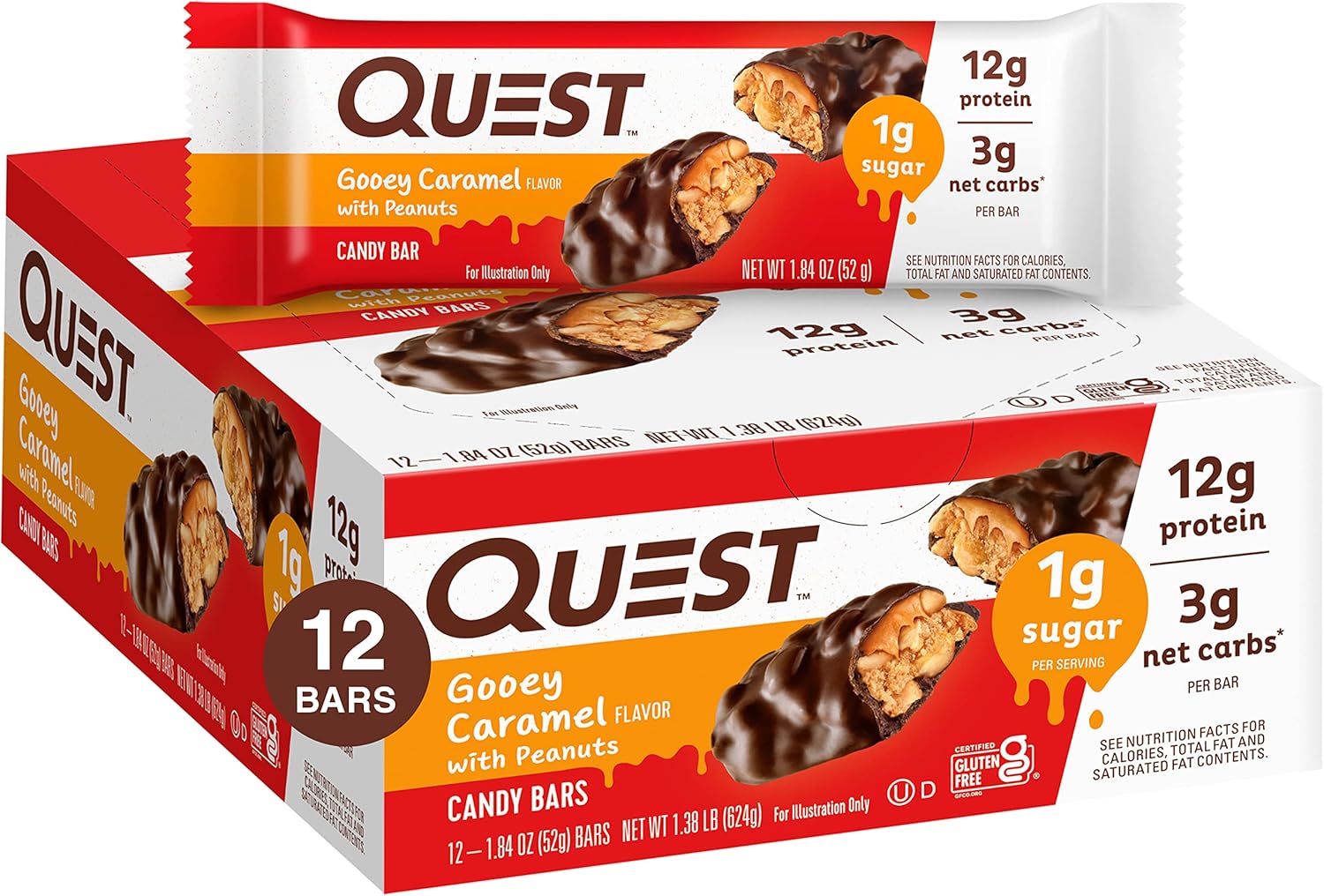 Quest Nutrition Candy Bars Gooey Caramel with Peanuts (12 Bars) and Protein Chips Variety Pack, (BBQ, Cheddar & Sour Cream, Sour Cream & Onion), High Protein, Low Carb, 1.1 Ounce (Pack of 12)
