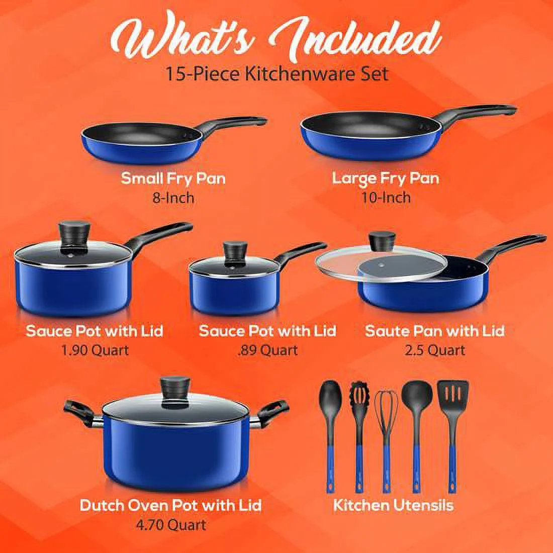 SereneLife 15 Piece Pots and Pans Non Stick Kitchenware Cookware Set, Blue