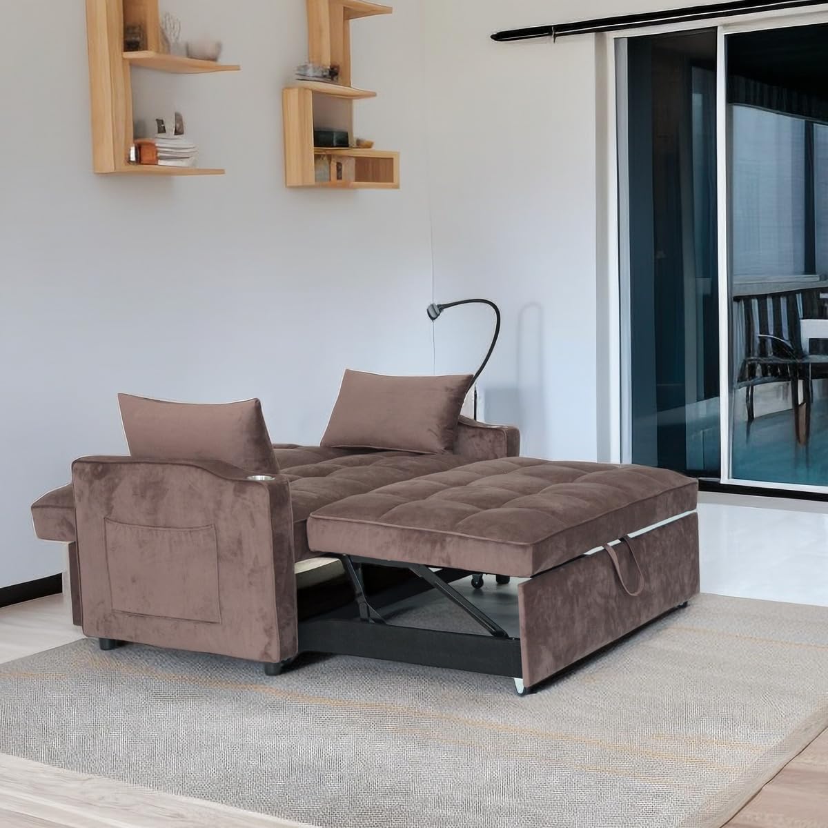 Lazy Sofa Bed, Modern Sleeper Reclining Bed, Living Room Soft Sofa, Pull Out Sofa Chair with Pillow and Convertible Backrest, Living room Pull Out Sofa Bed for Small Space