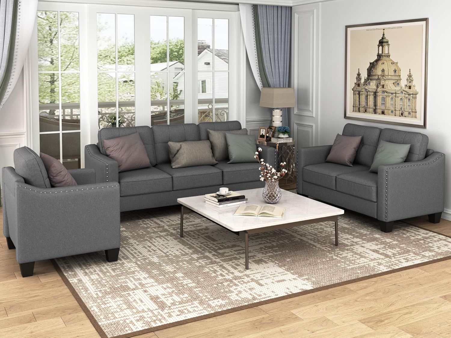 FANYE 3 Pieces Living Room Furniture Sets Include, Loveseat and Armchair, Linen Fabric Upholstered Sectional Classical Rivets Decor and Tufted Back Cushions, Retro Gray Sofa & Couch, 77.2