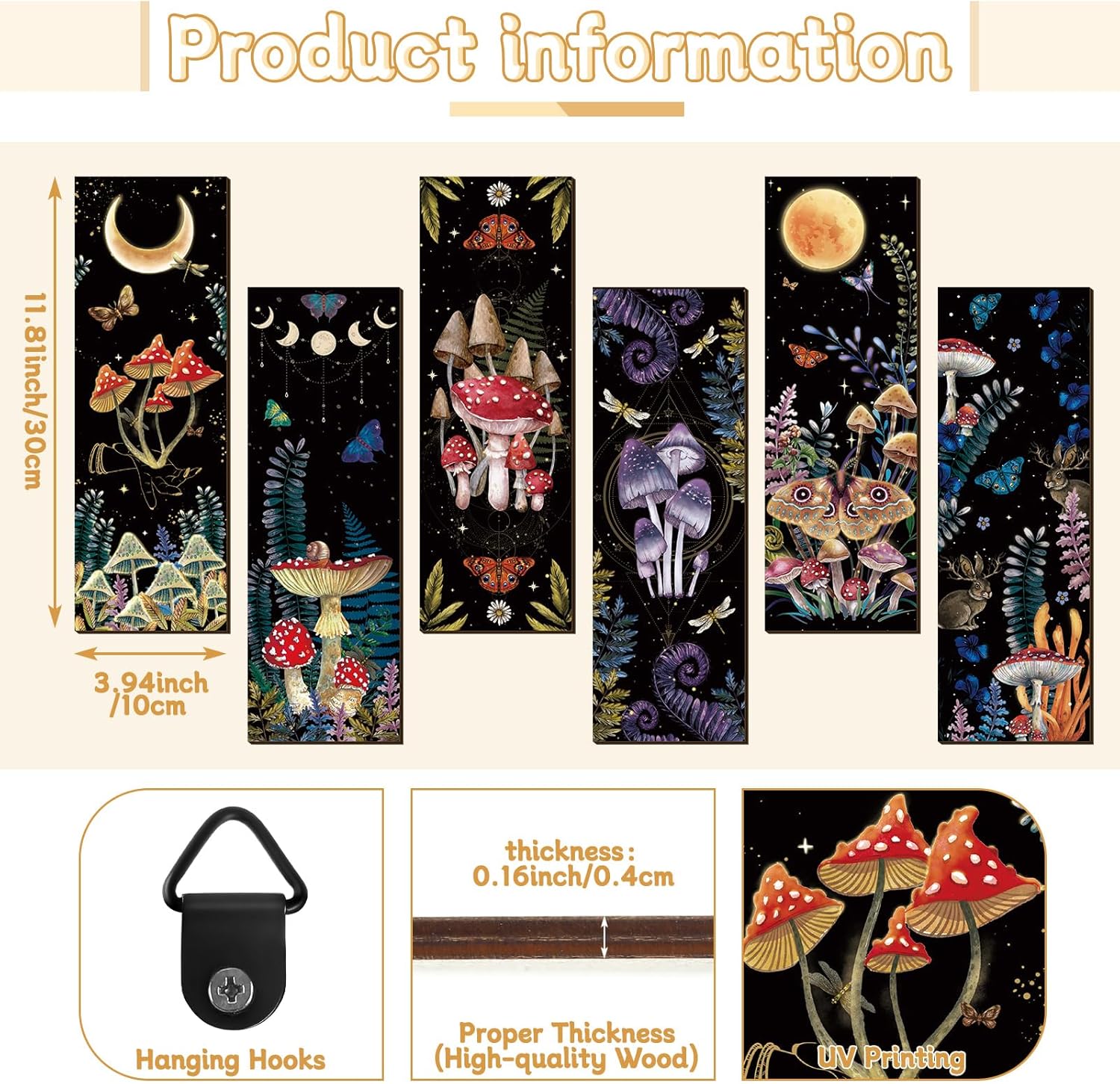 Kigley 6 Pcs Mushroom Wall Decorations Boho Wall Decor Sun Phases Wall Art Minimalist Wooden Boho Wall Hanging Gothic Witchy Farmhouse Wall Pediments for Bedroom Living Room Decorations