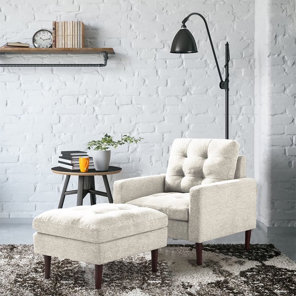 Accent Chair with Ottoman, Modern Fabric Single Sofa Chair, Upholstered Accent Arm Chair with Solid Wood Legs, Accent Chair for Home Office Living Room Bedroom, Beige