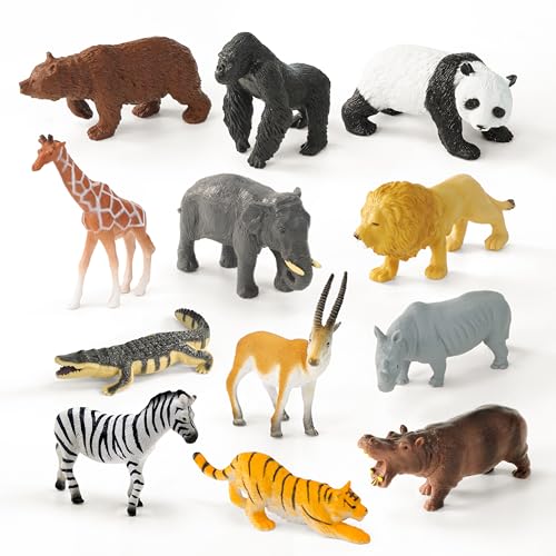 RECUR Wild Animal Toys for Toddlers - Zoo Plastic Animal Toys for Kids Jungle Safari Animal Figurines, 100% Hand-Painted, Small Tabletop Figures - 12 PCS