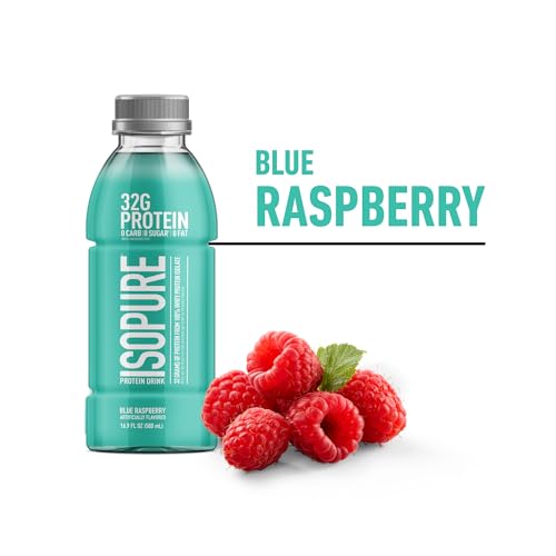 Isopure Zero Carb 32g Clear Protein Ready-to-Drink, Whey Protein Isolate, Blue Raspberry, 12 Pack (Packaging May Vary)