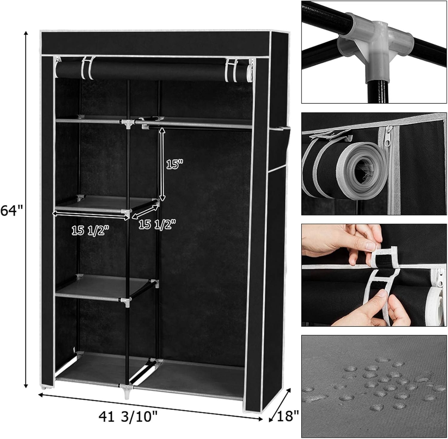 Portable Closet Wardrobe, Closet Storage Organizer Rack with Shelves and Cover for Hanging Clothes, Non-Woven Fabric, Quick and Easy to Assembly (64'', Black)