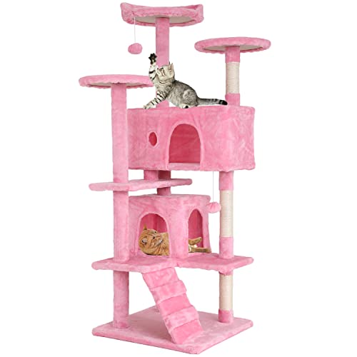 54in Cat Tree Cat Climbing Tower with Scratching Post, Cats House Perch Kitten Tree Condo Wood Playhouse, Cat Tree Tower for Indoor Cats, ASHY