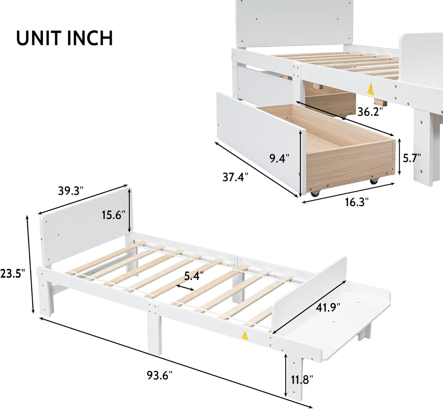 Bellemave Twin Size Platform Bed with Footboard Bench, Low Platform Bed Frame with Storage Drawers for Kids Boys Girls,Solid Wood Twin Bed Frame (Twin,White)