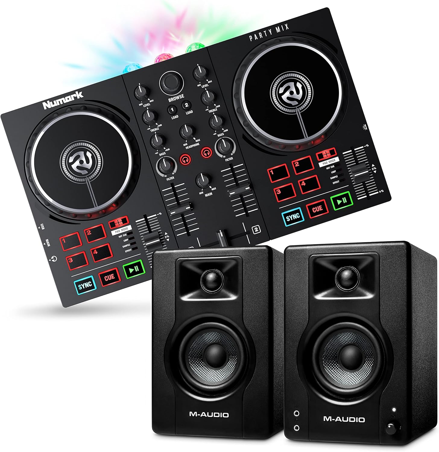 Complete DJ Equipment Package - Numark Party Mix 2 DJ Controller with Party Lights, M-Audio BX3 3.5 Inch DJ Speakers, and Serato DJ Lite