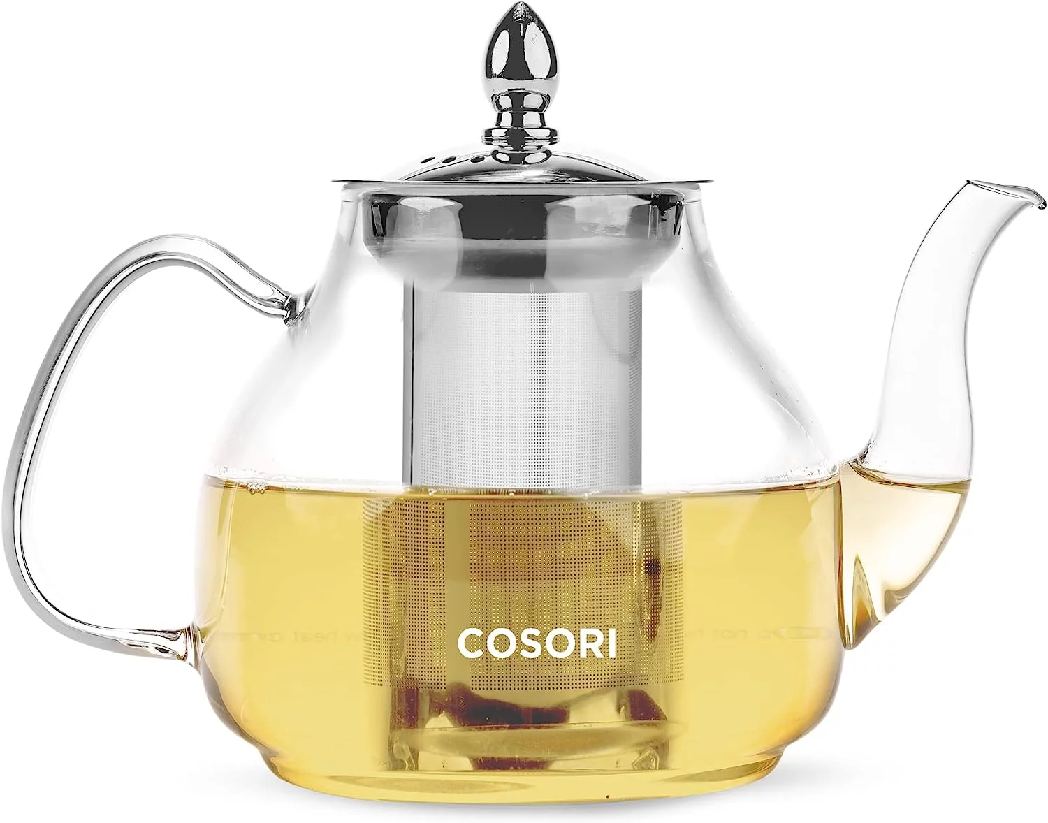 Cosori Glass Teapot Stovetop Safe Gooseneck Kettle with Removable Stainless Steel Infuser Scale Line, Borosilicate, 1000 ml, Transparent