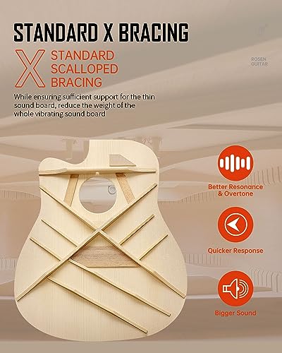 Rosen Solid Top Dreadnought Acoustic Guitar 41 Inches Spruce Guitar Beginner Bundle with Book, Padded Bag, Strings, Picks, Hexwrench, Strap, Polishing Cloth, Blue