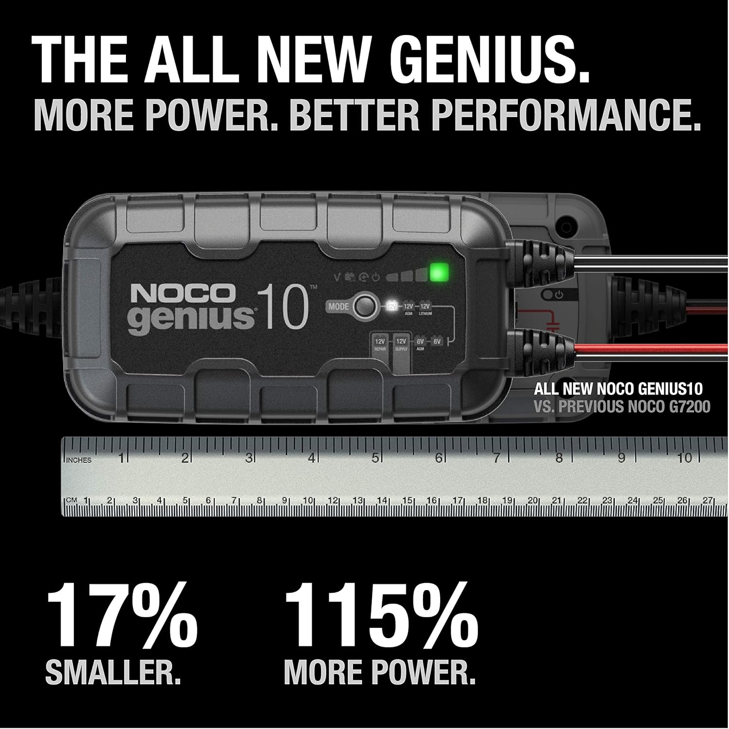 NOCO GENIUS10, 10-Amp Fully-Automatic Smart Charger, 6V and 12V Portable Battery Charger, Battery Maintainer, Trickle Charger, and Battery Desulfator with Temperature Compensation