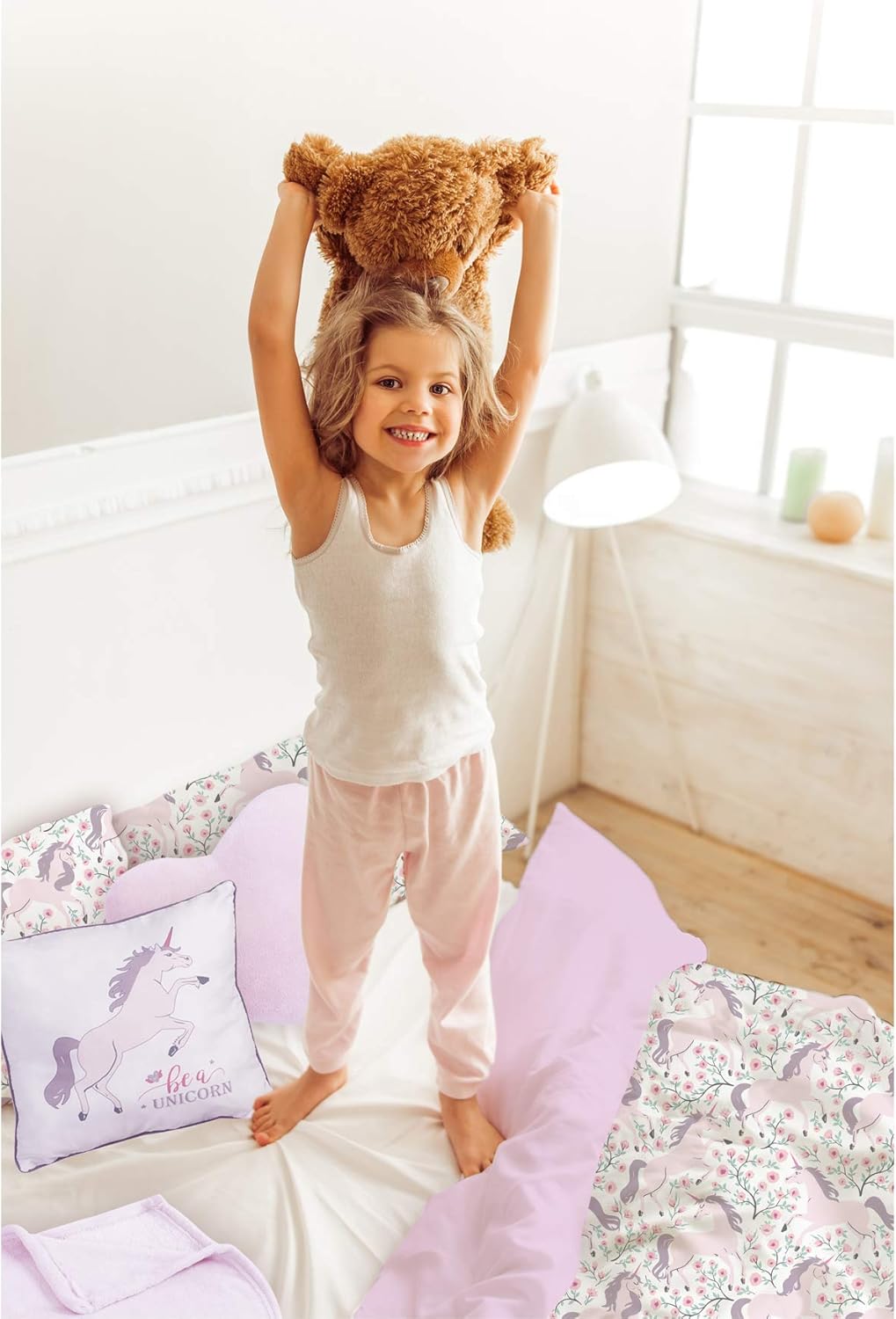Floral Unicorn Kids Comforter Set Twin Size, 5-Piece Bedding Kids Unicorn Bed Set, Super Soft Kids Unicorn Bed Set + 3 Magical Unicorn Themed Throws and Pillow Shams - Fun & Reversible