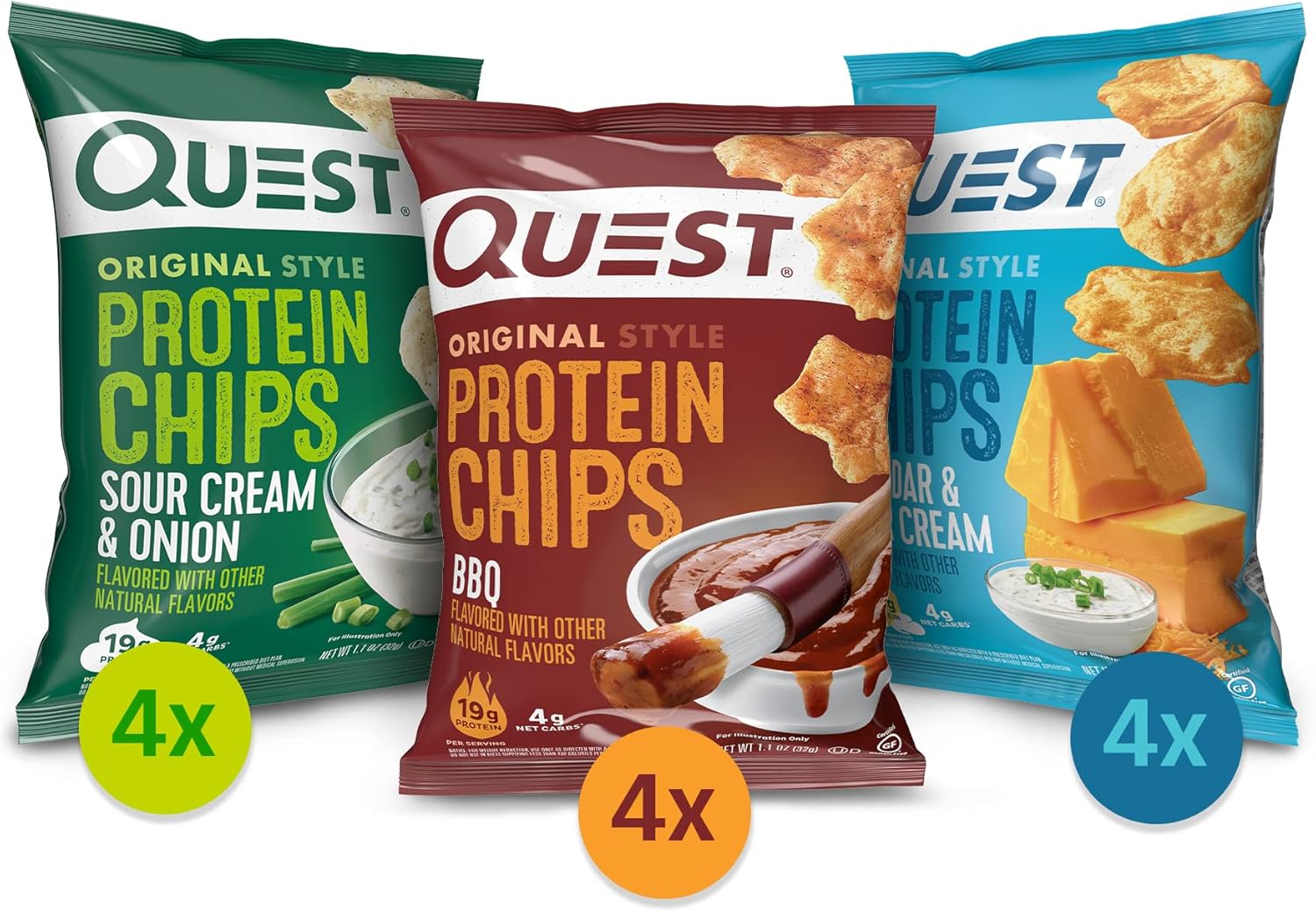 Quest Nutrition Protein Chips Variety Pack (BBQ, Cheddar & Sour Cream, Sour Cream & Onion) and Quest Nacho Cheese Tortilla Style Protein Chips