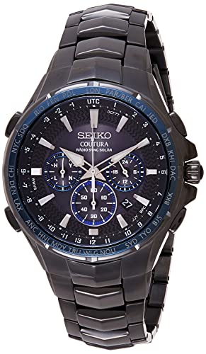 SEIKO SSG010 Watch for Men - Coutura Collection - Radio Sync Solar Chronograph, Two-Tone Stainless Steel Case & Bracelet, Black Dial with Lumibrite Hands & Markers, and Date Calendar