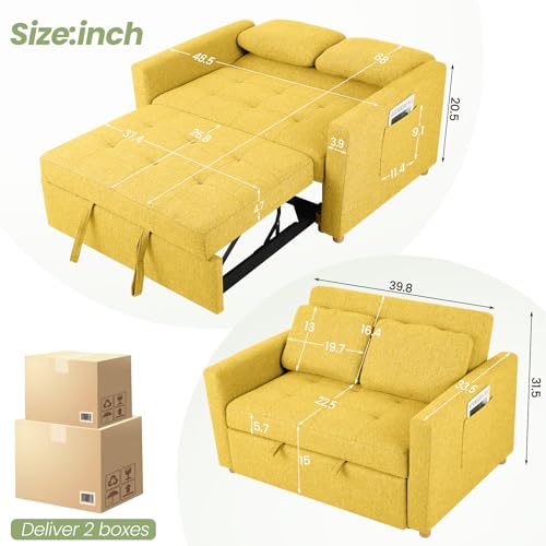 Convertible Sofa Bed, 3-in-1 Sleeper Sofa Pull Out Couch Bed, 2-Seater Linen Fabric Loveseat Futon Sofa with Spring Support, Adjustable Backrest for Small Spaces, Living Room, Navy Blue