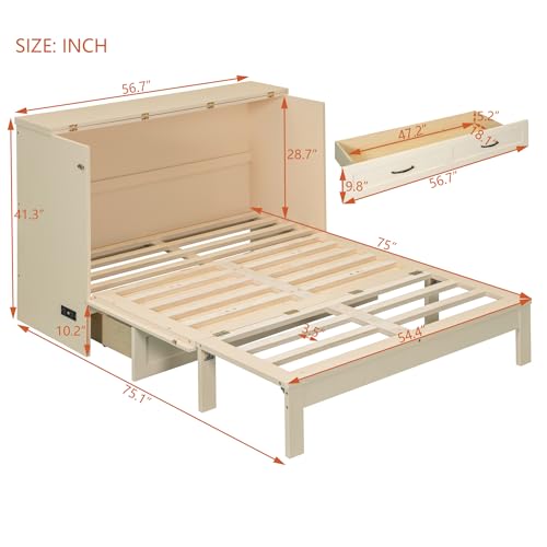 Merax Full Size Murphy Bed Cabinet with Charging Station and Large Storage Drawer, Foldable Pull Out Murphy Chest Bed for Apartments, Bedrooms, Studio, No Spring Box Needed, Gold