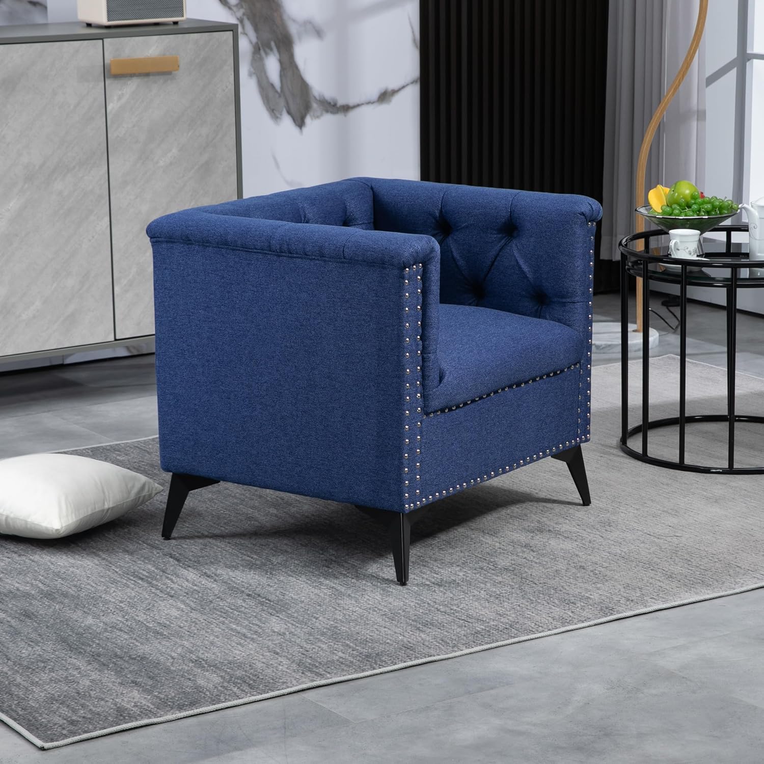 Accent Chair Living Room Chairs Single Sofa Chair,Arm Chairs with Linen Fabric, Mid Century Accent Arm Chairs Comfy Reading Lounge Club Armchair for Bedroom Office Study (Blue)