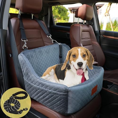 Dog Car Seat Small/Medium Sized Dog, Dog Booster Seat Front or Back Seat Detachable and Washable Pet Safety Seat, Suitable for Medium Dogs Under 30 Lbs, Storage Pockets and Dog Leash（Grey）