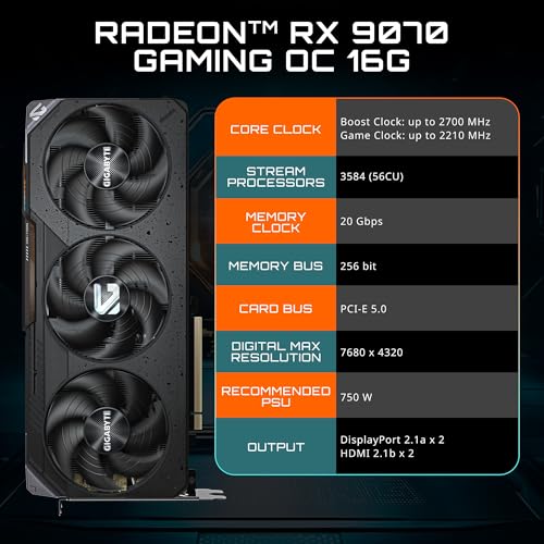 GIGABYTE Radeon RX 9070 Gaming OC 16G Graphics Card, PCIe 5.0, 16GB GDDR6, GV-R9070GAMING OC-16GD Video Card
