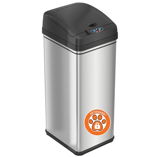 iTouchless 13 Gallon Sensor Trash Can 2.0 – Touchless Lid, Dog-Proof Lock, Odor Filter, Stainless Steel, Battery or Plug-in, for Kitchen, Home, or Office