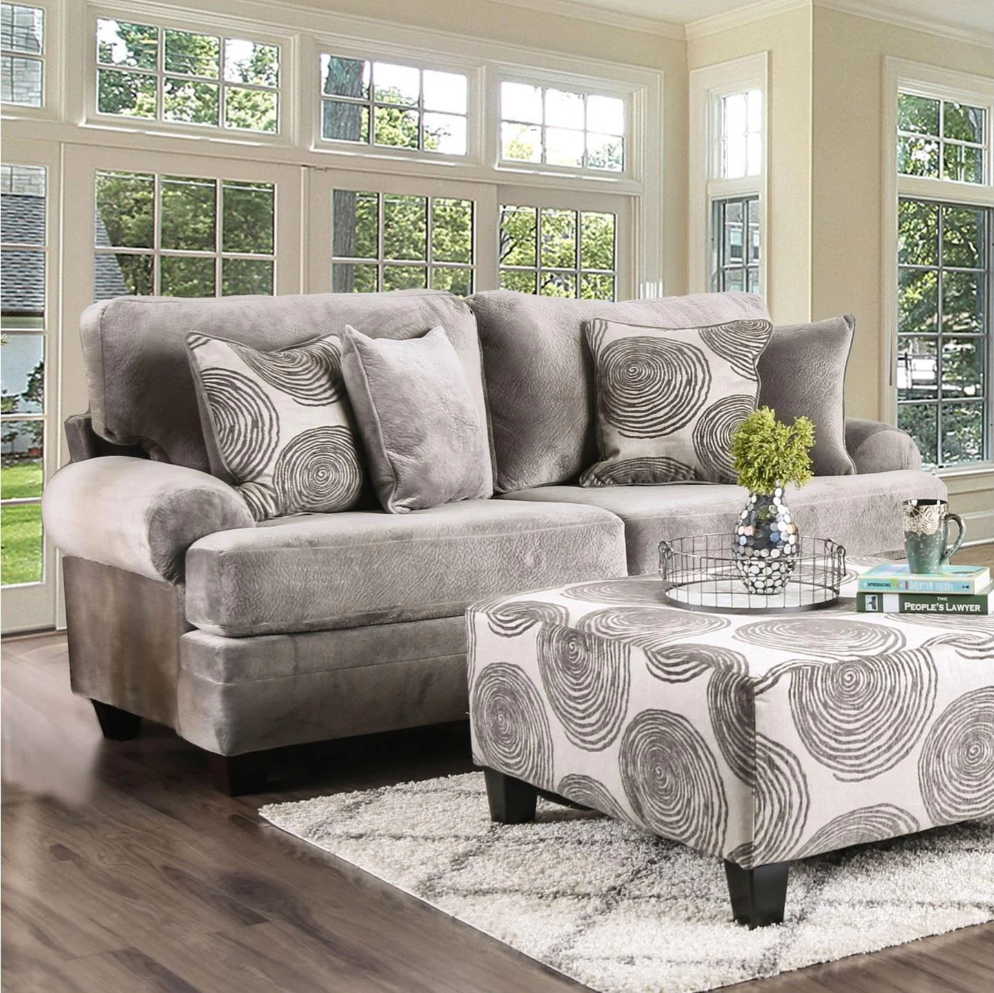 Transitional Gray Microfiber Sofa and Loveseat FOA Bonaventura
