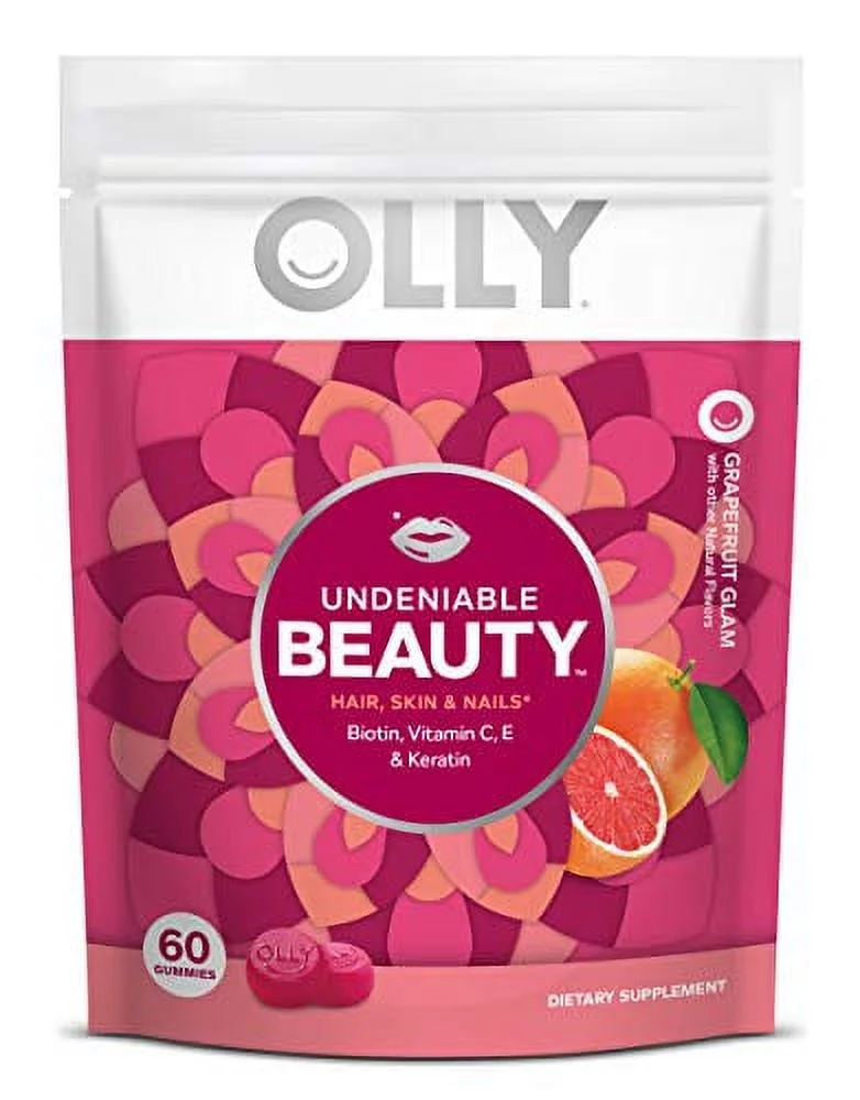 OLLY Undeniable Beauty Gummy, 30 day'supply (60 Gummies), Grapefruit Glam, Biotin, Vitamin C, Keratin, for Hair, Skin, Nails, Chewable Supplement