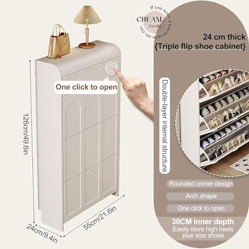 Shoe Storage Cabinet with 2 Flip Drawers, White Shoe Storage Cabinet for Entryway Slim,Hidden Narrow Shoe Organizer,Freestanding Shoe Storage Rack for Hallway Living Room, Single Layer 65cm
