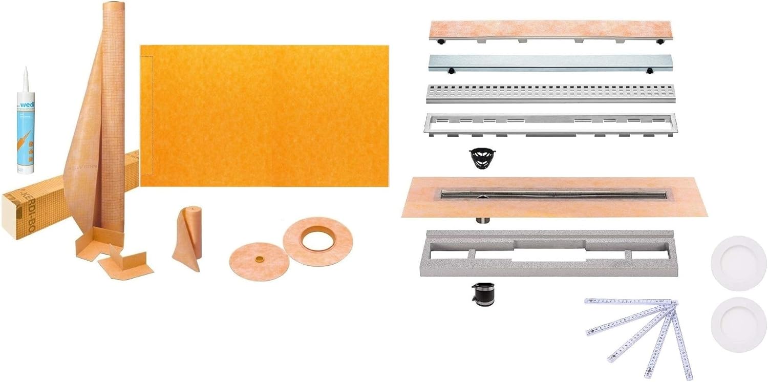 Schluter Kerdi-Line Shower Kit with 36 x 55 Inch Tray, Offset Drain Outlet (KSLT915/1395S), and 32 Inch Linear Offset Channel Body with Tileable Grate