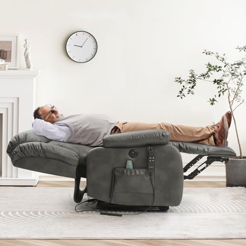 Dual Motor Lay Flat Lift Chairs Recliners for Elderly with Massage and Heat,Infinite Position Overstuffed Wide Power Lift Recliner, Genuine Leather, USB Ports and Remote Controls (Black)