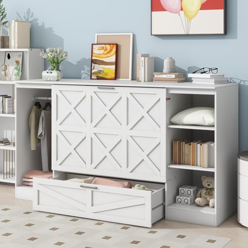 Twin Size Murphy Bed for Small Spaces, Cabinet Murphy Bed with Storage Shelves and Wardrobe, Foldable Platform Bed Hidden Bed Frame, White