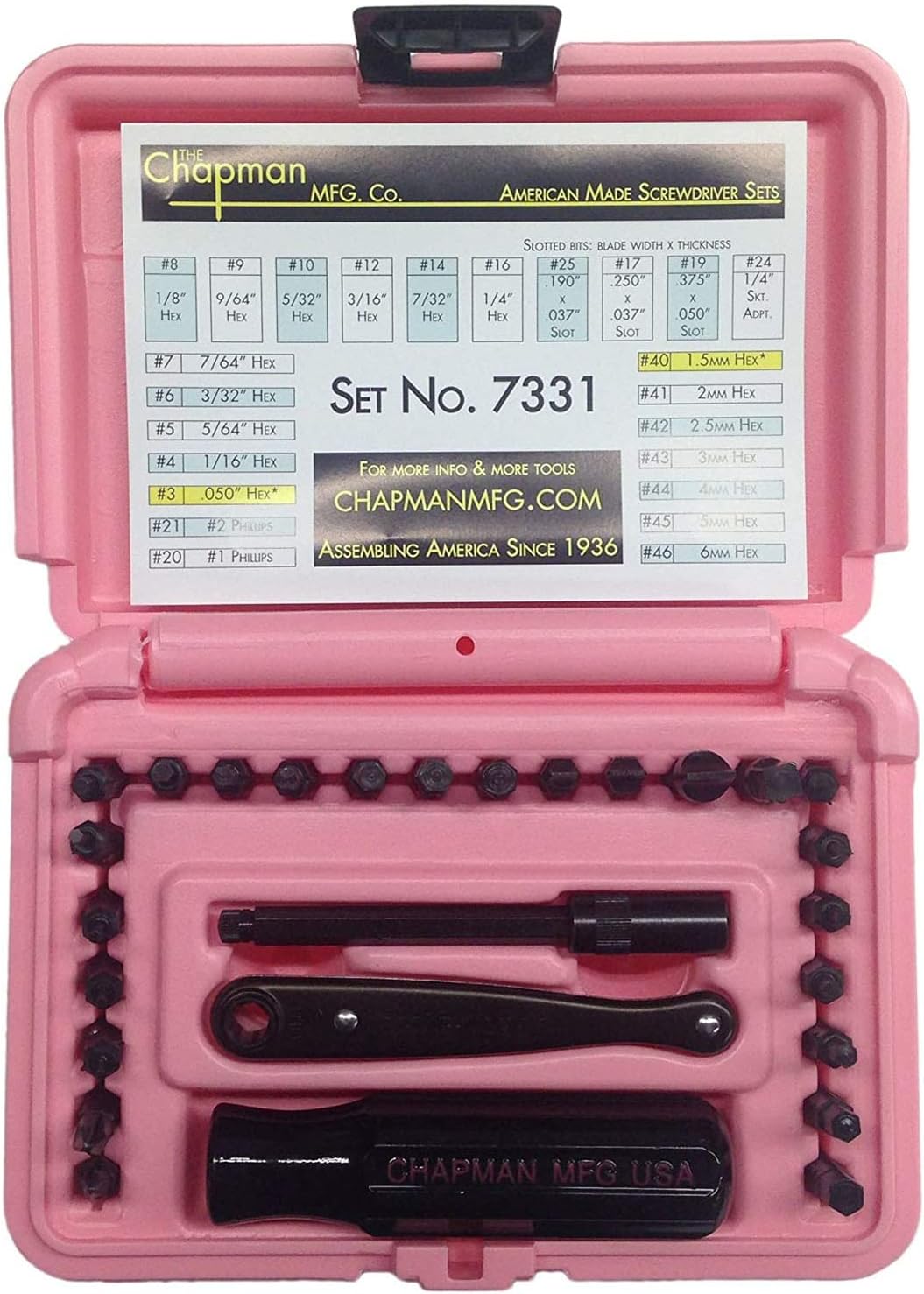 Chapman MFG 7331 All-Purpose Standard Screwdriver Set - Includes Phillips, SAE Allen Hex & Slotted/Flathead Bits - Complete Set Offers 24 USA Made Insert Bits + Mini Ratchet Hand Tool (Yellow Case)