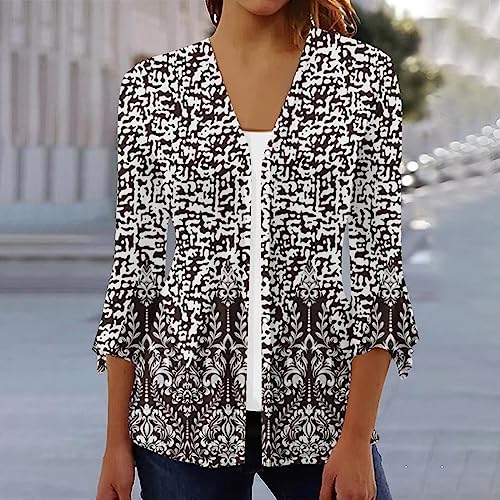 3/4 Sleeve Shirts for Women Bell V Neck Graphic T Shirts Button Pleated Tops Elegant Vintage Floral Blouse