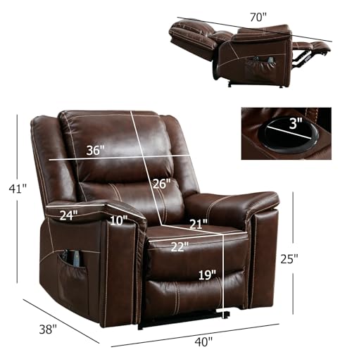 CANMOV Large Genuine Leather Power Lift Recliner Chair for Elderly, Lay Flat Dual Motor Recliner with Massage and Heated, Electric Lift Chair for Seniors with Cup Holders, Side Pocket, Dark Brown