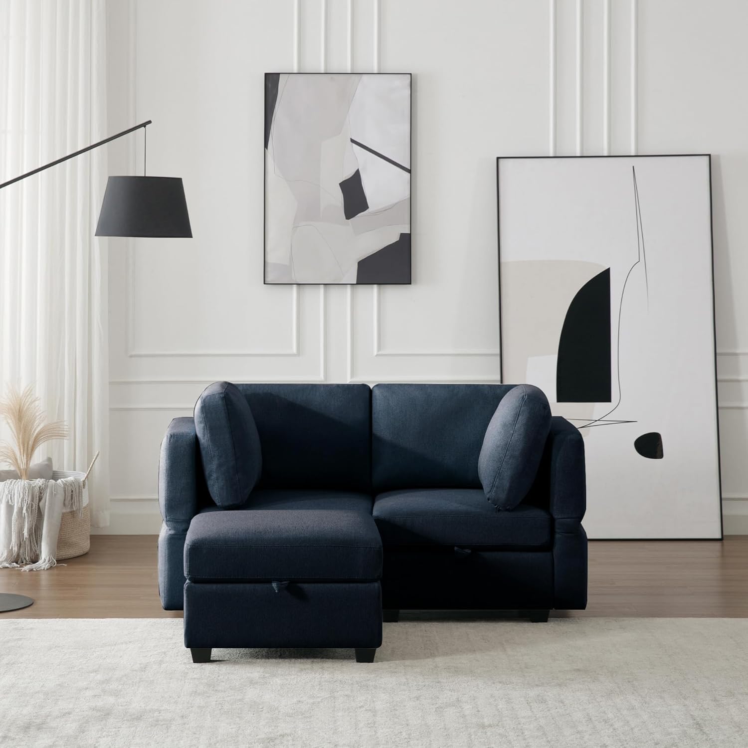 Space Saving Small Sectional Sofa with Ottoman, 2 Seater Sofa with 1 Ottoman, All Seats and Ottomans with Storage Function - Blue