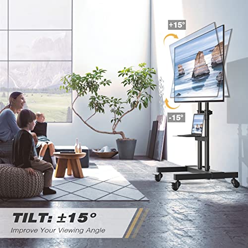 Mobile TV Stand Rolling TV Cart Floor Stand with Mount on Lockable Wheels Height Adjustable Shelf for 32-83 Inch TV Stand Flat Screen or Curved TVs Monitors Display Trolley Loading 110 lbs, White