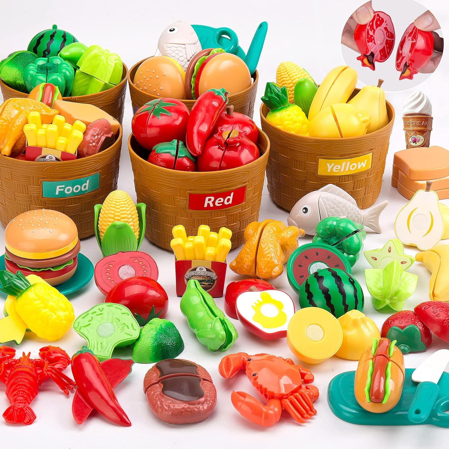 Color Sorting Play Food Set - 70 Pieces, 3+ Ages Cutting Pretend Food Play Toys for Toddlers, Girls and Boys, Play Kitchen Accessories for Kids