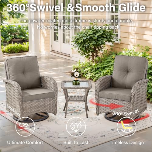 Patio Wicker Chairs Swivel Rocker - Outdoor Swivel Rocking Chairs Set of 2 with Rattan Side Table, Patio Swivel Glider Chair 3 Piece Patio Furniture Sets for Deck Porch Pool Brown/Blue
