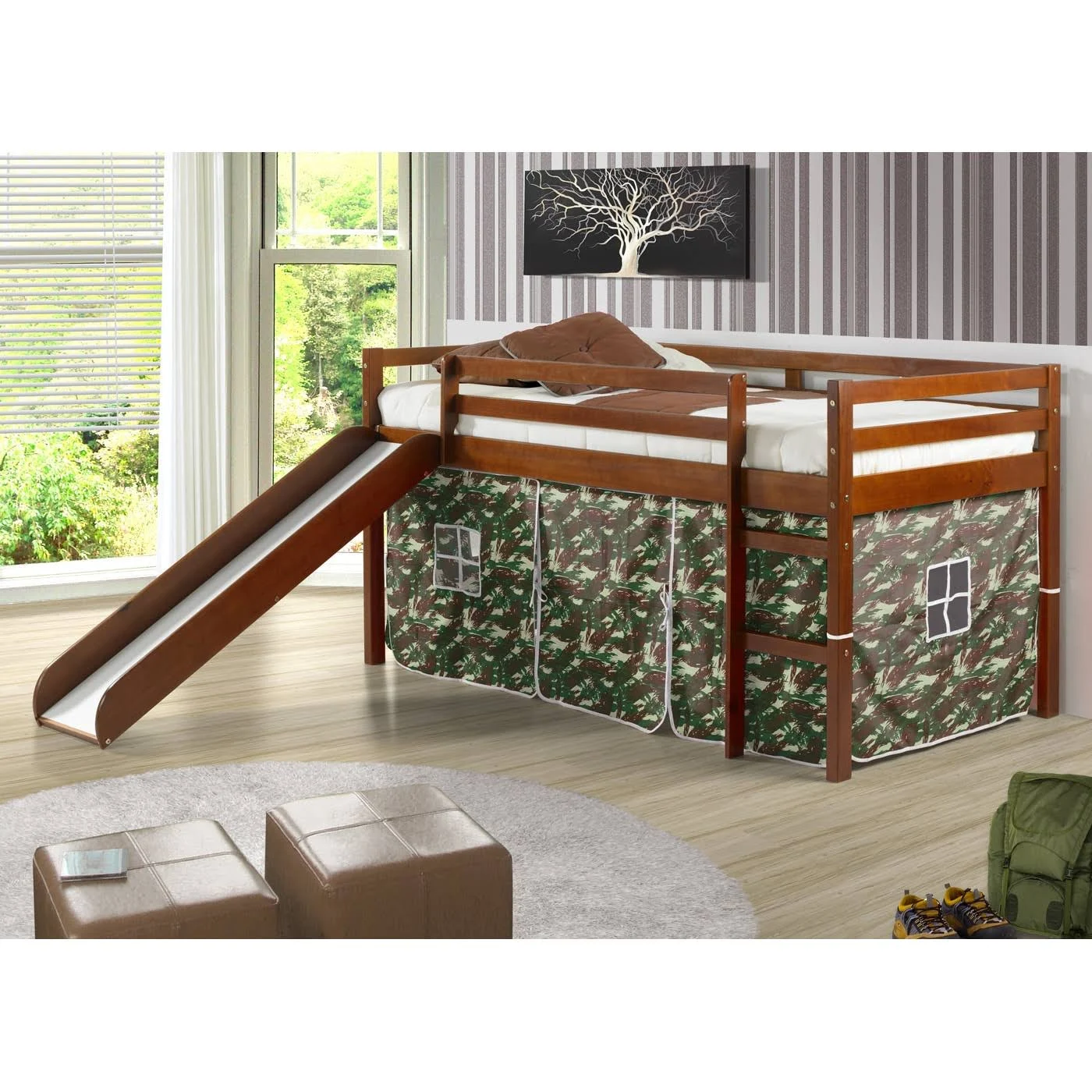Donco Kids Twin Loft Tent Bed with Slide - Light Espresso