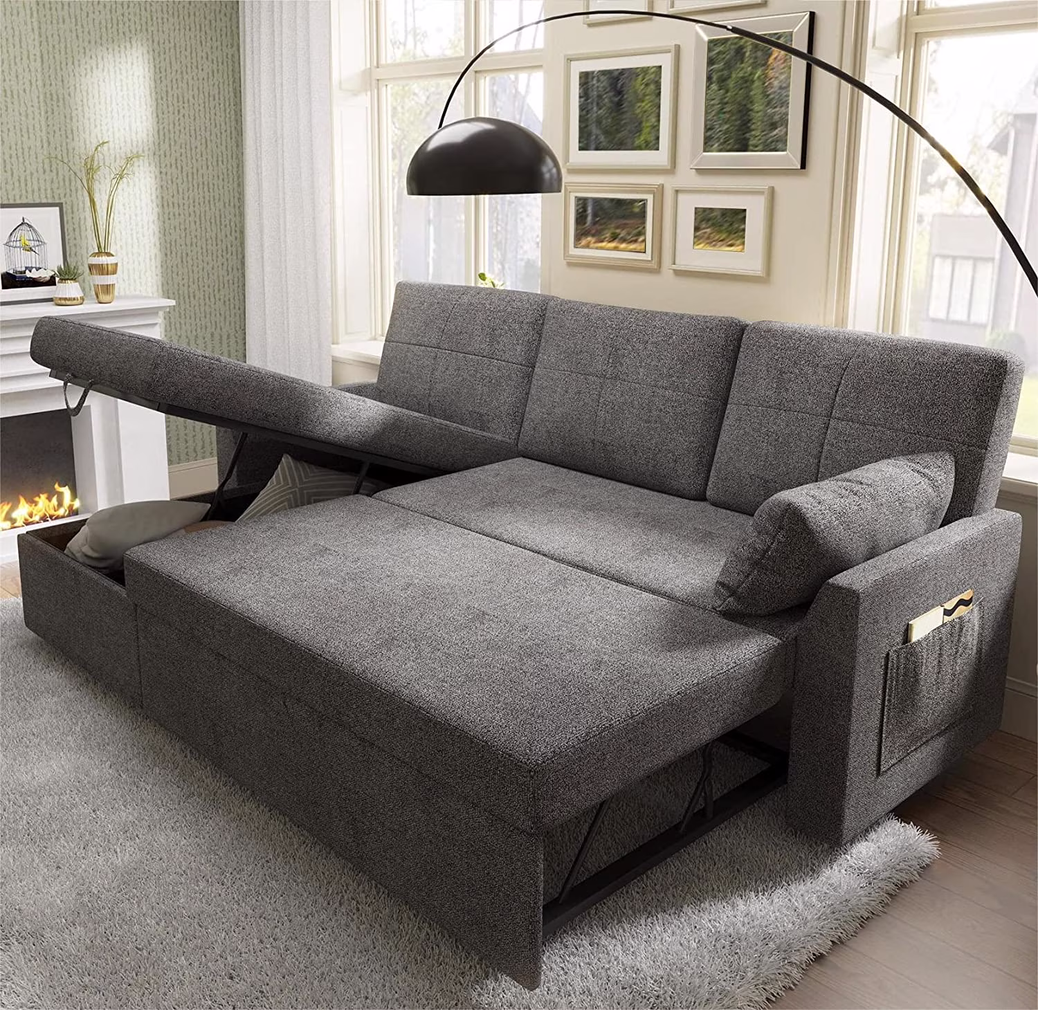 Amerlife Sofa Bed, Sleeper Sofa with Storage Chaise- Pull Out Couch for Living Room, Gray Chenille