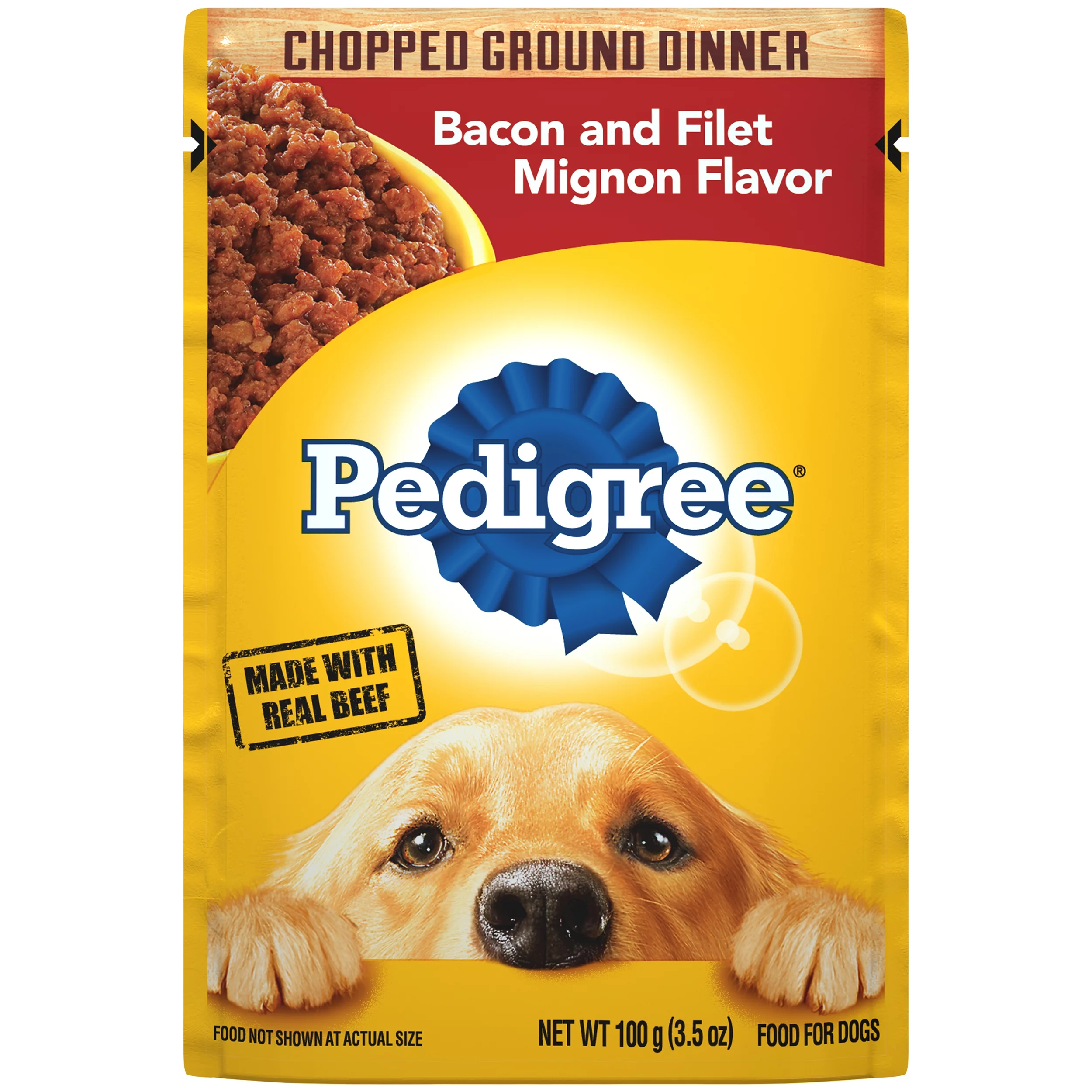 (16 pack) PEDIGREE CHOPPED GROUND DINNER Adult Soft Wet Dog Food Bacon and Filet Mignon Flavor, 3.5 oz Pouch